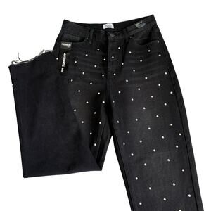 Simple Society Black Rhinestone Straight Leg Super High Rise Button Fly Jeans